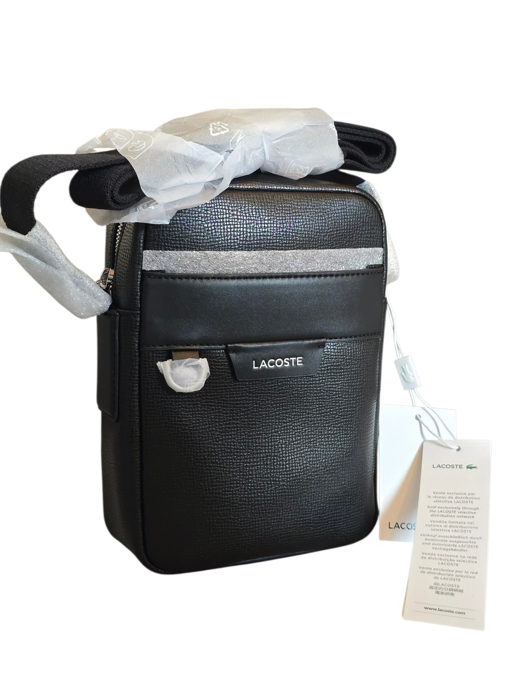 Lacoste Black Men's Leather Messenger Crossbody Bag with Subtle Silver Trim